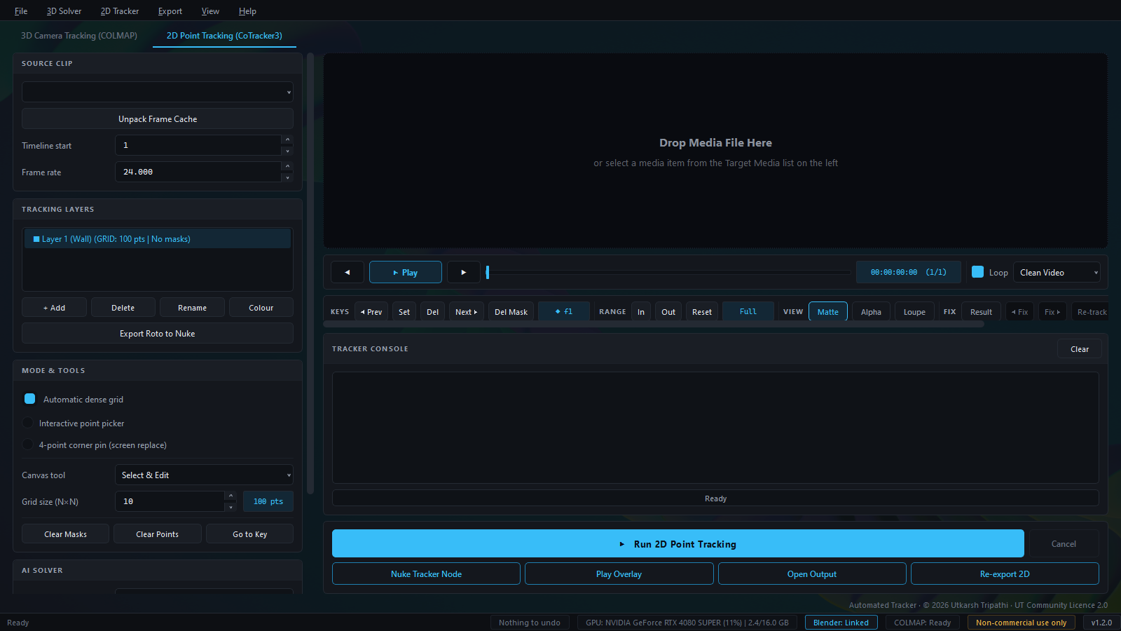The 2D Point Tracking tab: source clip, tracking layers, tools, the viewer with keys and range controls, and the tracker console