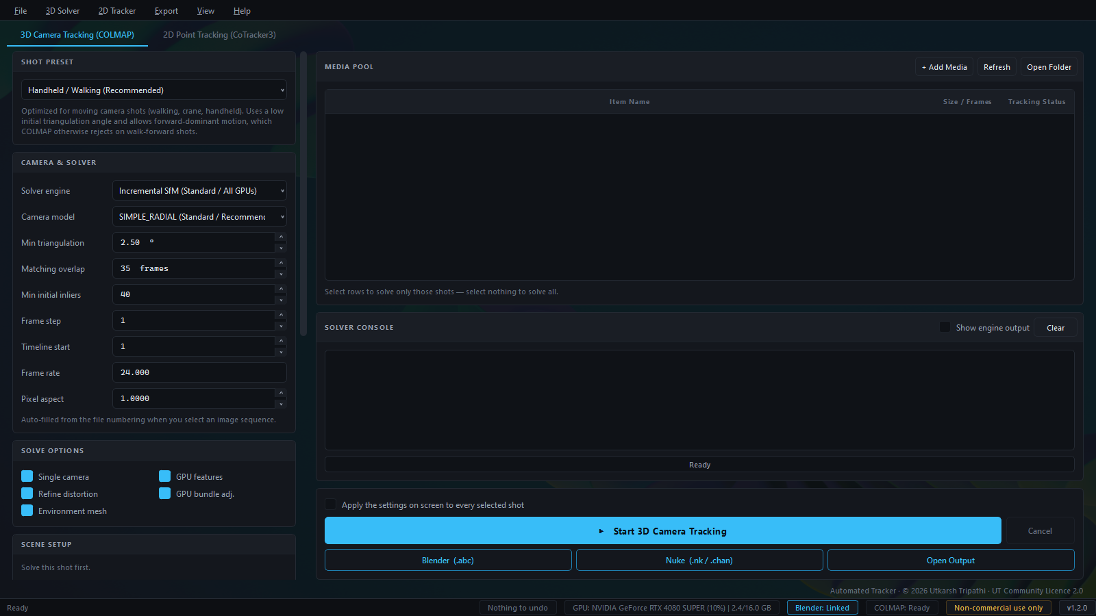 The 3D Camera Tracking tab: shot preset, camera and solver settings, the media pool and the solver console
