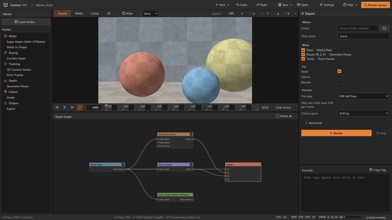 The Export node settings: Where, What (plate, passes, tracks), For and Format, with Geometry Passes, Point Tracker and Super Matte wired in