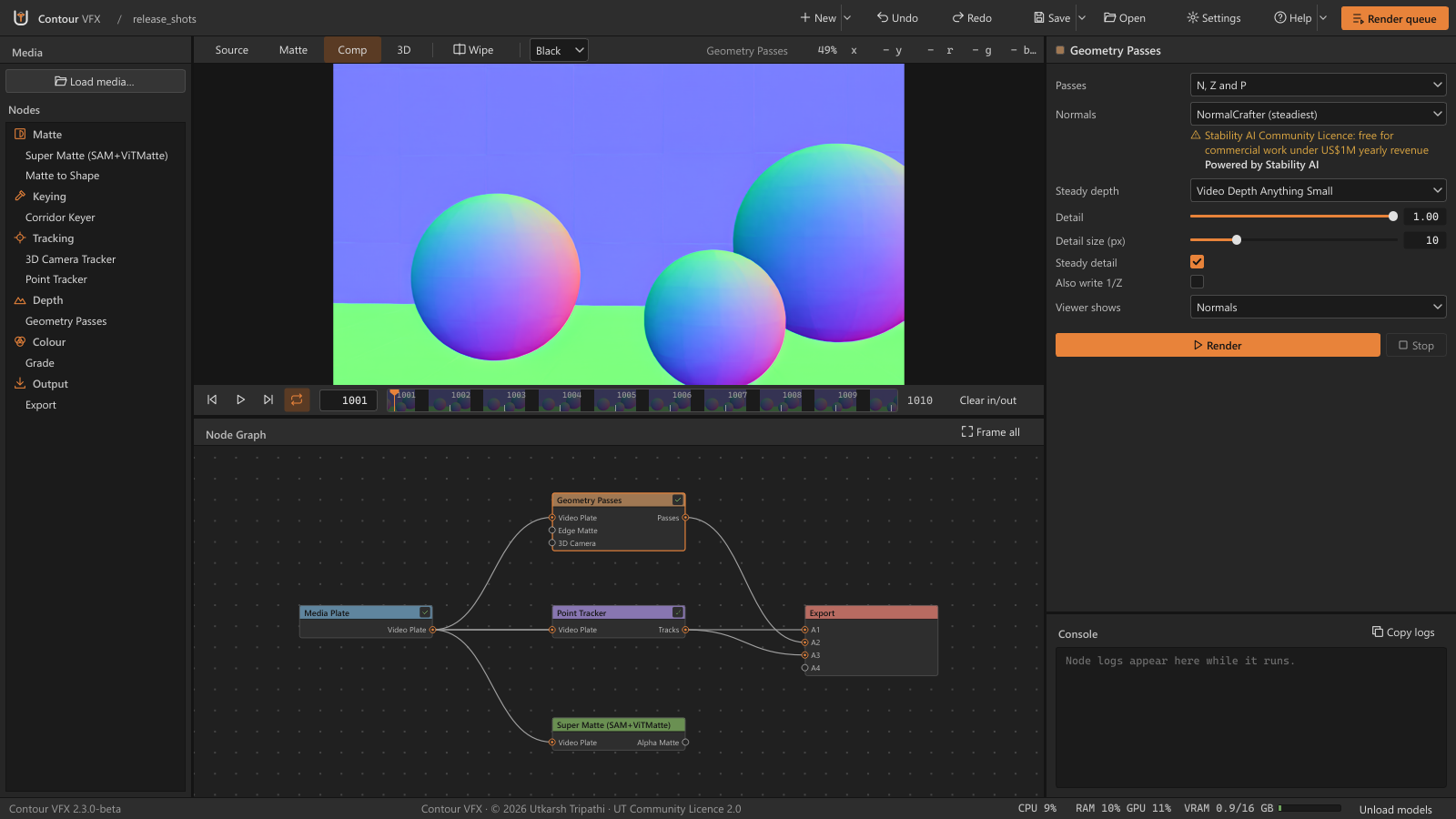 Geometry Passes showing a normals pass of three spheres in the viewer