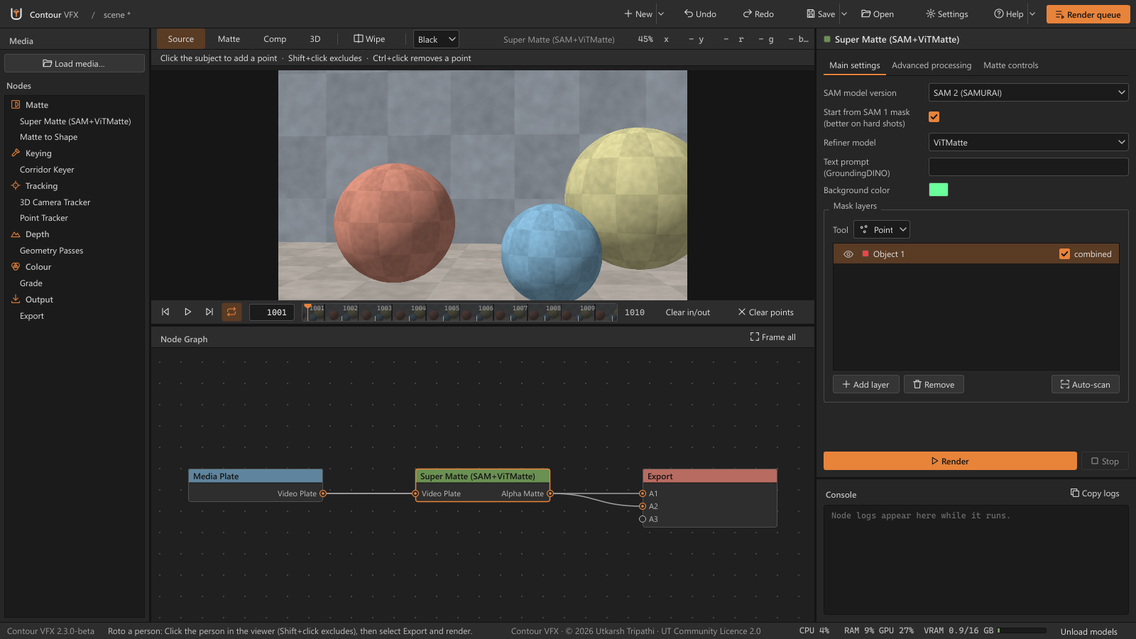 The Contour VFX main window: node list, viewer, timeline, node graph, Super Matte settings and console