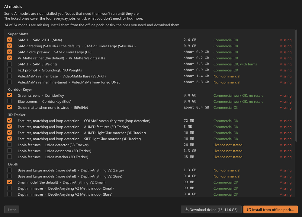 The AI models window on first start: models grouped by node, with size, licence and status