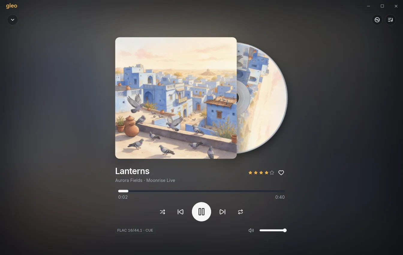Gleo on Windows: Now Playing with the CD sliding out from behind the cover