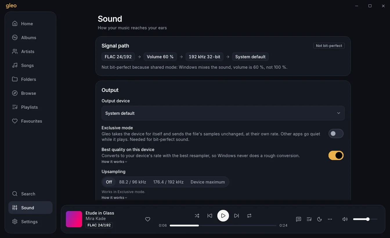 The Sound page with the signal path, output device and upsampling
