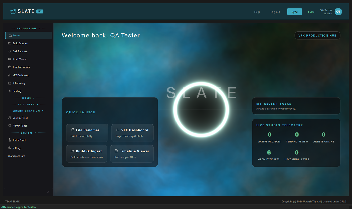 The Slate home screen, showing quick launch, recent tasks and live studio telemetry