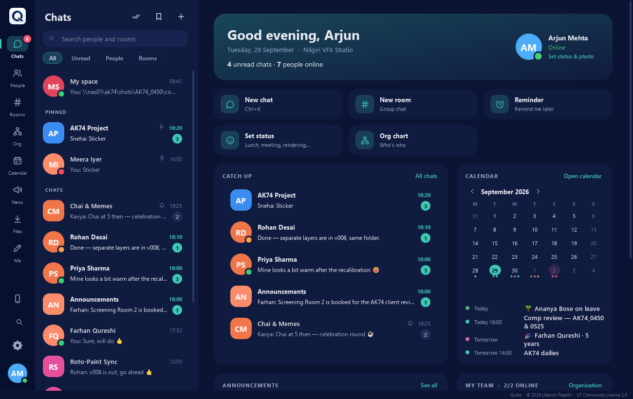 The Home page: a greeting, quick actions, chats to catch up on, the calendar and your team
