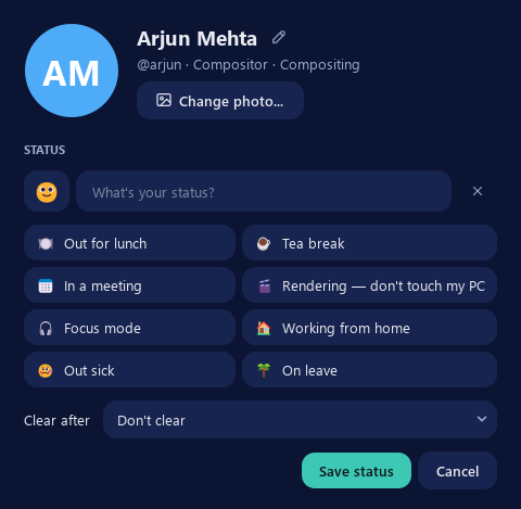 The profile window with photo and quick status choices